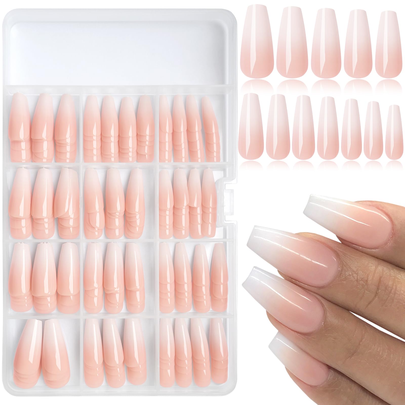 Bellelfin 240Pcs Ombre Coffin Nails, Full Cover Acrylic Gradient False Nails with Tabs, Nude, Artificial Stick Ons for Women Girls