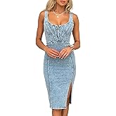 ebossy Women's Sleeveless Bodycon Denim Dress Zipper Up Side Split Casual Slim Mid Long Jean Dresses