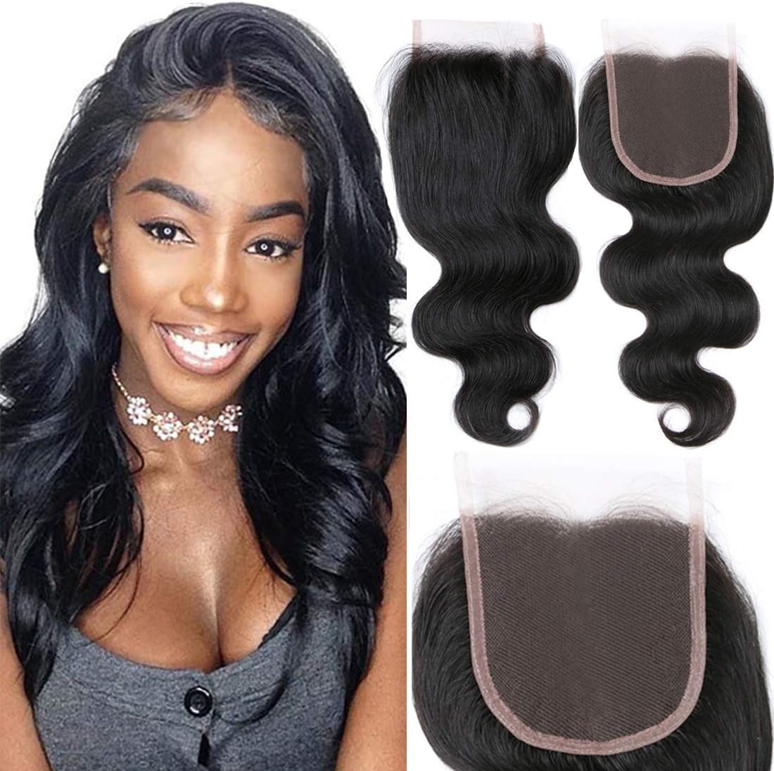 YAVVE Hair Lace Closure Free Part Human Hair Brazilian Virgin Hair Body Wave 150% Density 100% Unprocessed Natural Black Color (10 Inch, Free Part)