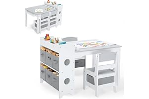 Kinder King Kids Art Table & Chair Set, Wood Toddler Activity Table for Kids Drawing, Reading, Studying, Crafting, Playing, 8 Removable Bins, Paper Roll for Playroom, Nursery, Grey