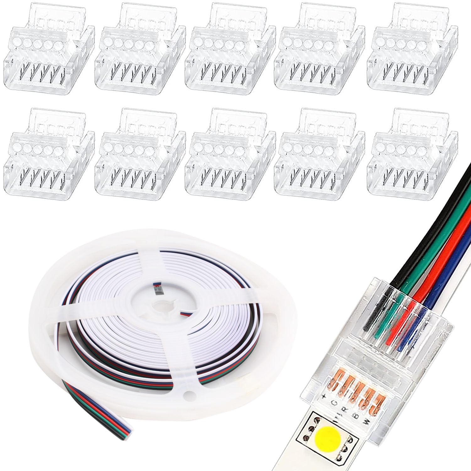RUNCCI-YUN 10 Pcs LED Light Connector 5Pin 12mm LED Strip Connector Solderless with 16.4ft DC 12V led Wire for Waterproof or Non-Waterproof 12mm Wide RGBW RGBWW LED Strip Lights