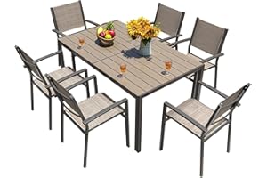 Homall Patio Dining Set 7 Pieces Outdoor Furniture with Large Table and 6 Textilene Chairs for Porch, Poolside, Yard and Garden, Brown