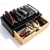 Pocket Knife Display Case, EDC Knife Rack for 7 Knives - Wooden Knife Organizer with Drawer for EDC Flashlight Or Knives Accessories, Knife Holder Suitable as Christmas Gift for Men, Black