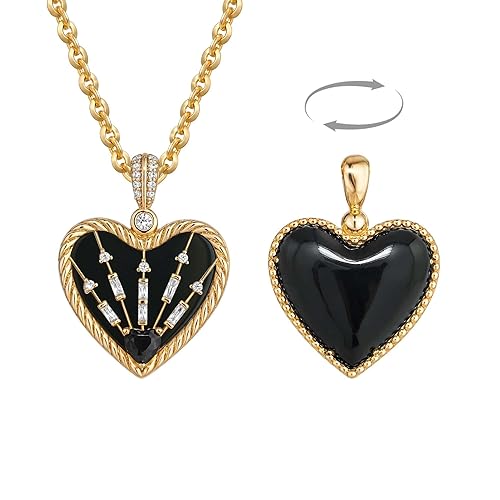 Fettero Gold Necklace for Women, 14K Gold Plated Heart Charm Necklaces for Women Double Sided Pendant Black Heart Necklace for Mom Wife Valentines' Day Jewelry