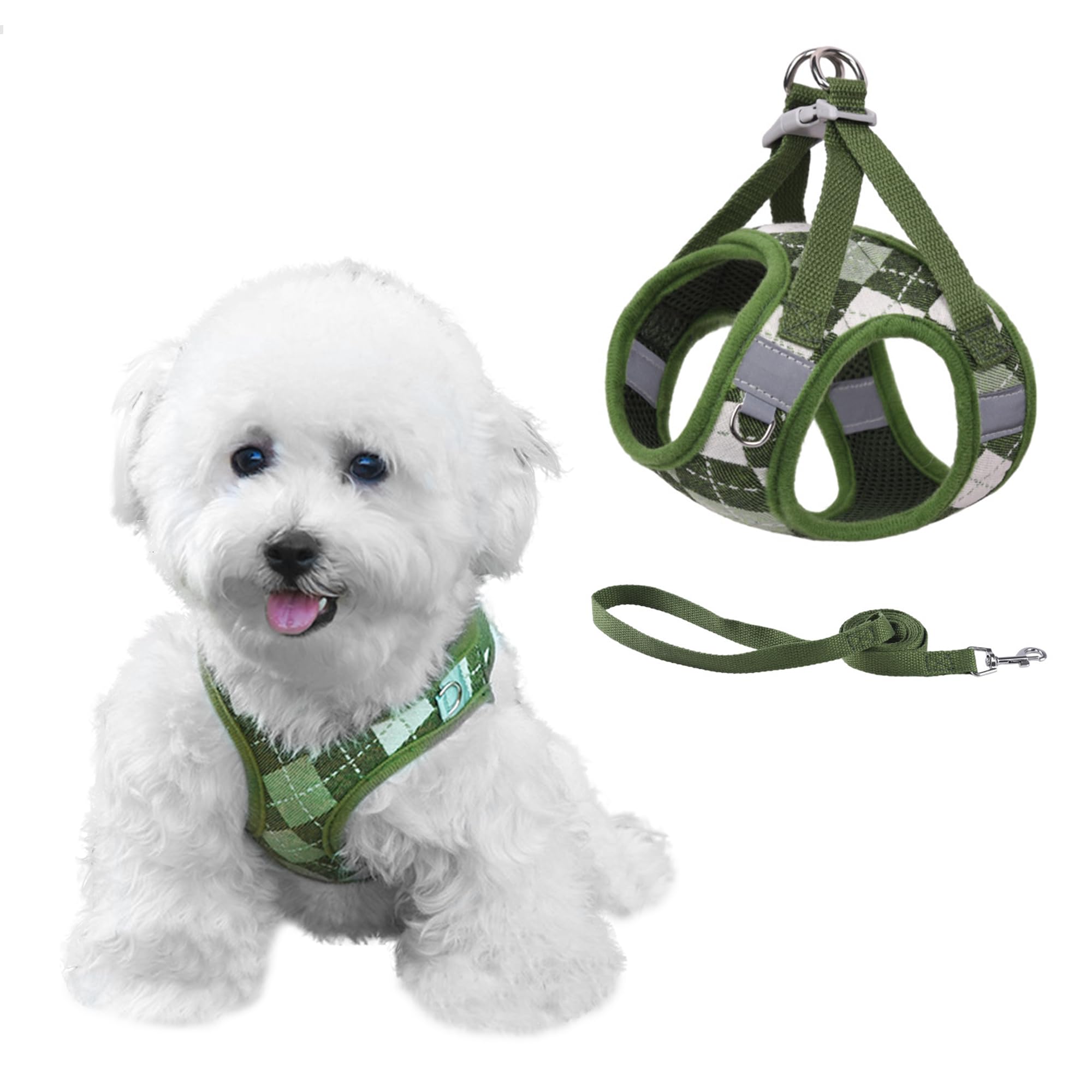 PawSailor Step-in Dog Harness Small Dog No Pull Puppy Harness Adjustable Reflective Plaid Easy Walk Lightweight Soft Mesh Pet Vest Harnesses with Lead for Puppies, Small Dogs, Cats, Green L