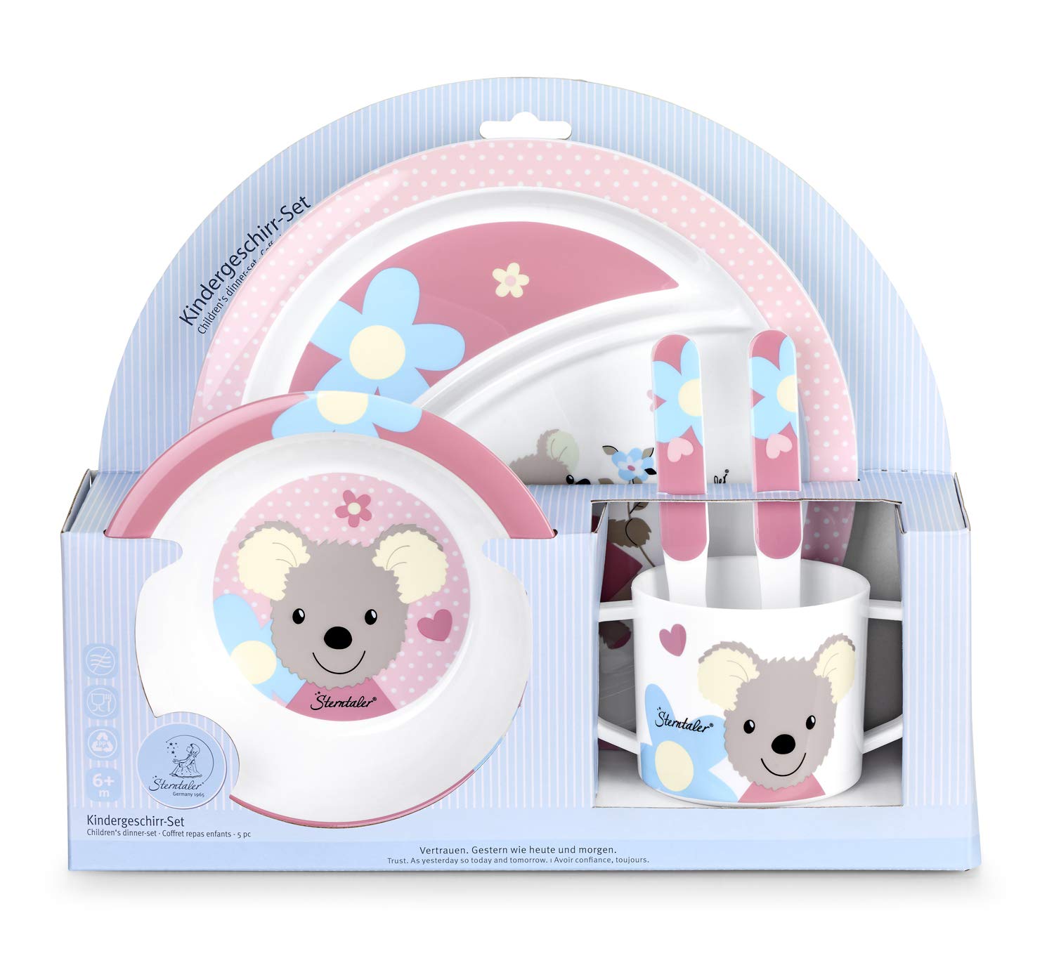 Sterntaler Tableware Set Mabel Plate, Bowl, Cup, Spoon, Fork, Age 6 Months, Pink/Multicoloured