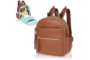 MOMINSIDE Small Diaper Bag Backpack, Mini Diaper Bag with 11 Pockets, Leather Travel Baby Bag for Baby Girls, 2 Insulated Pockets, Stroller Straps, Baby Registry (Brown)