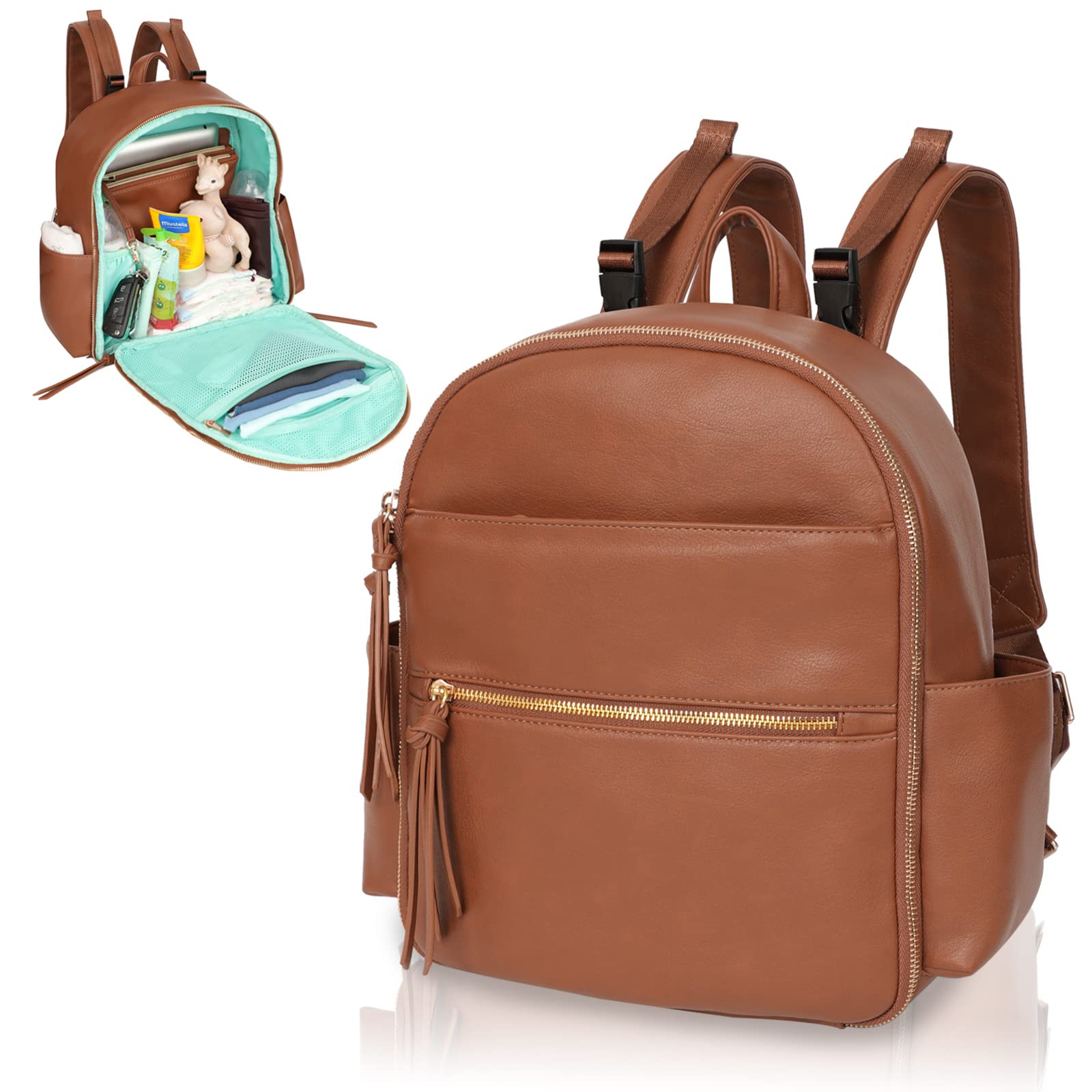 MOMINSIDE MOMINSIDE Small Diaper Bag Backpack, Mini Diaper Bag with 11 Pockets, Leather diaper backpack, Baby Diaper Bag for Baby Girls, 2 Insulated Pockets, Stroller Straps (Brown)