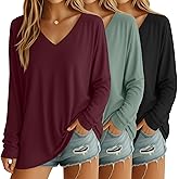 Oakgarden 3 Pack Womens Oversized T Shirts Long Sleeve V Neck Cotton Basic Tops Loose Fit Workout Tees Fall Winter Outfits