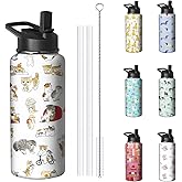 32oz Cat Water Bottle with Handle and Flip Straw, Pixel Sports Stainless Steel Insulated Cup Travel Coffee Mug Tumbler, Birthday Mothers Day Chritmas Gifts for Women