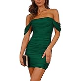 PRETTYGARDEN Cocktail Dresses 2026 Summer Off Shoulder Sexy Bodycon Ruched Mesh Graduation Wedding Guest Mini Short Dress