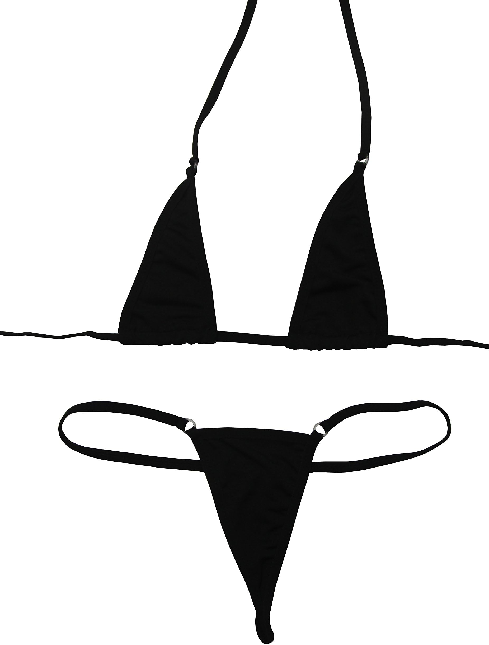 Barllen Women's Sheer Micro Halterneck Top and G-String Set (Black)