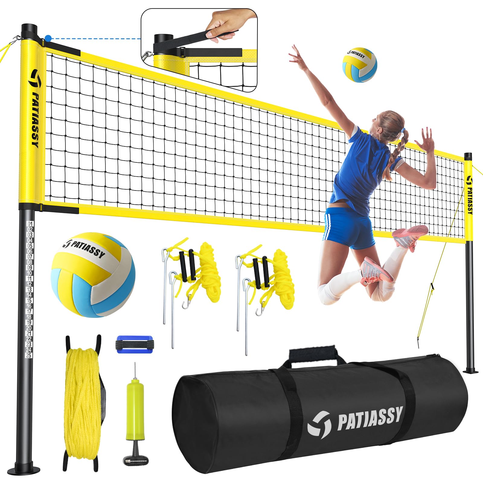 Photo 1 of Patiassy Outdoor Portable Volleyball Net Set System for Backyard - Quick & Easy Setup Adjustable Height Steel Poles, PU Volleyball, Pump and Carrying Bag (Yellow)