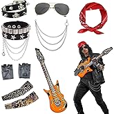 10pcs 80s Rocker Costume Set Roll Punk Cosplay Outfit Accessories Kit Includs Headband Sunglasses Bracelets Pants Chain Tattoo Sleeve Gloves Guitar Prop for Rockstar Men Women Halloween Party Decor