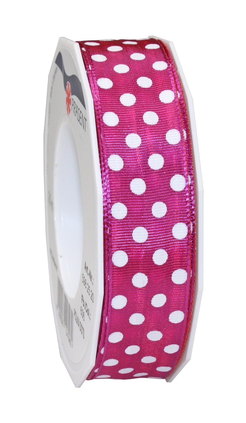 Präsent - Polka Dots Wired & Printed Ribbon Pink 25 mm width, 20 m length — image 1