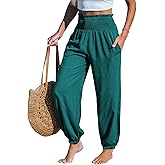 CUPSHE Women Pants Smocked Pockets Waist Wide Leg Ruffle Loose Fit Pant Casual Beach Green M