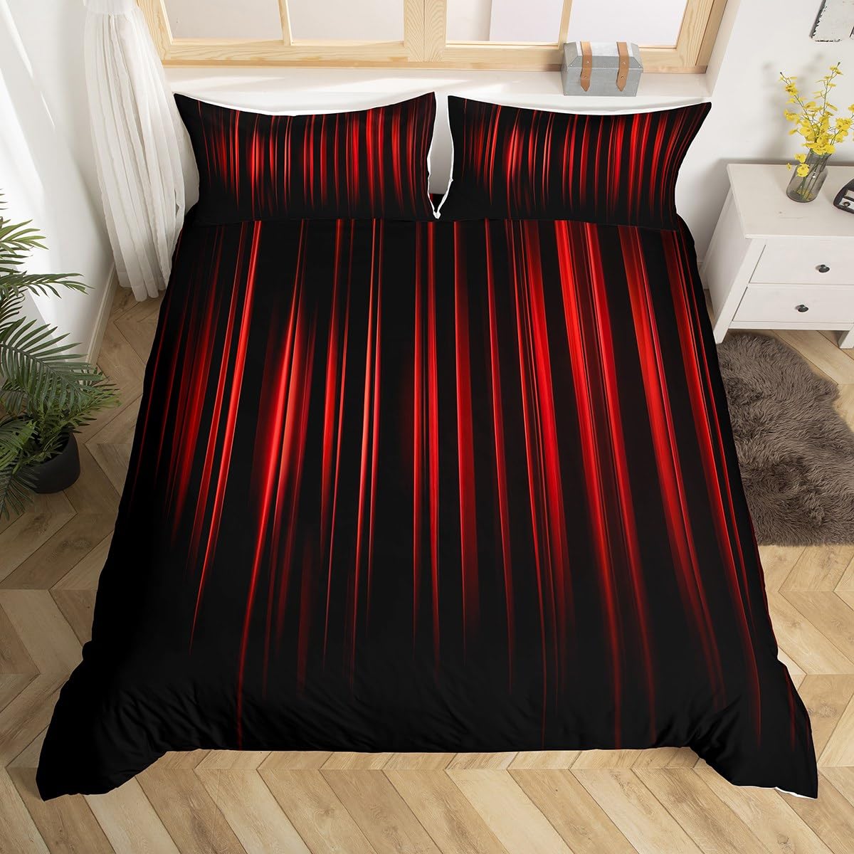 Manfei Red and Black Duvet Cover Set Single Size, Geometric Abstract Ombre Comforter Cover, Fashion Striped Bedding Set for Kids Boys Girls Bedroom Decor, Lightweight Bedspread Cover, 1 Pillowcase