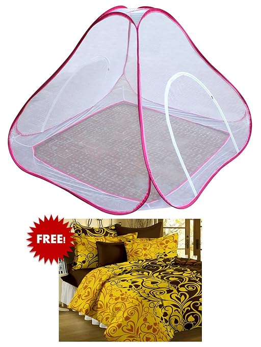 Bedspun Double Bed Pink mosquito net double bed Free Double Size Elegent 100 % Cotton Floral Bedsheets with 2 Pillow Covers, Yellow