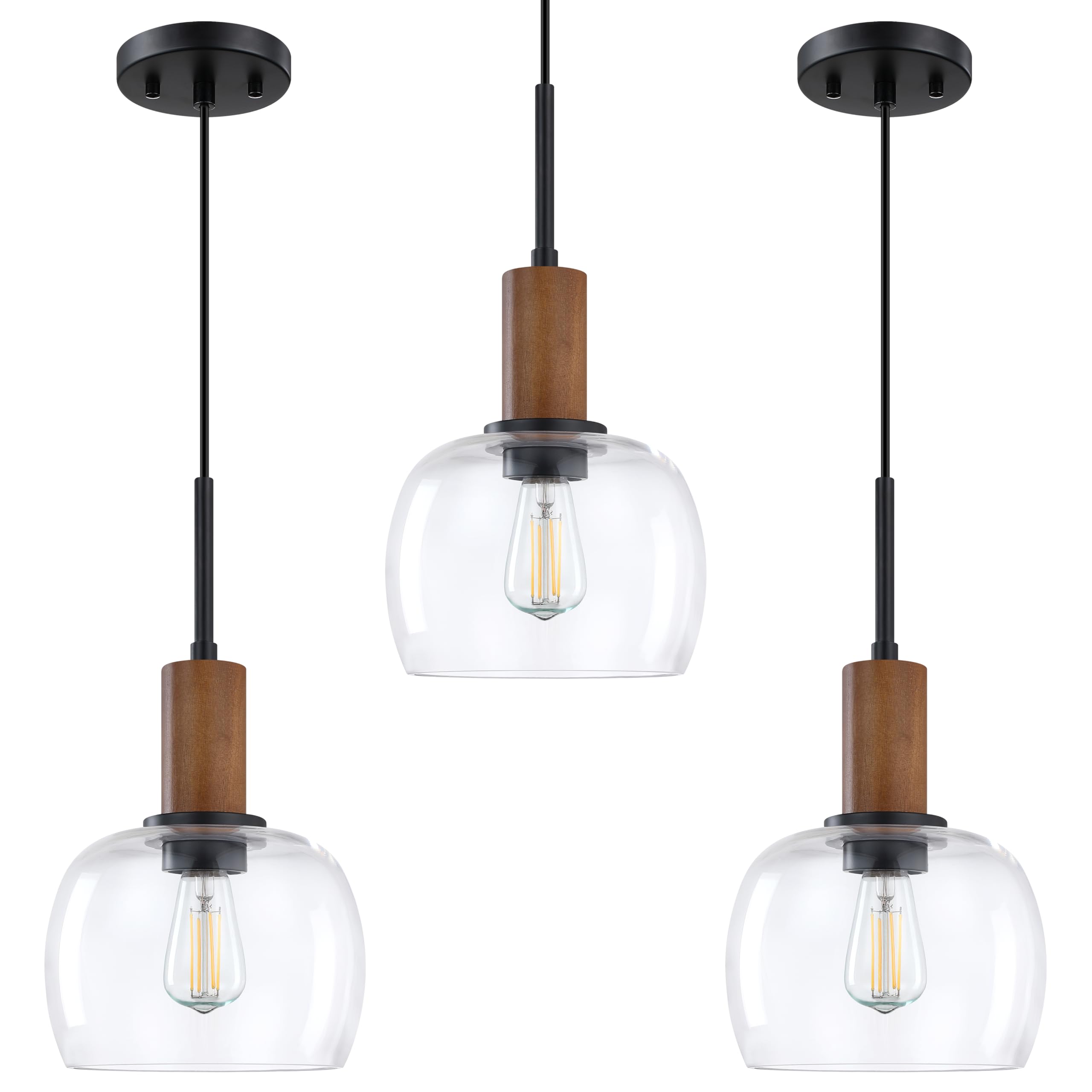 Photo 1 of 3 Pack 1 Light Hanging Kitchen Island Pendant Light 7.3" Clear Drum Seeded Glass Indoor Natural Wood Pendant Ceiling Light Fixtures,Black Finish Modern Farmhouse Dinning Over Sink