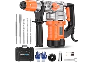 PROTMEX 1-1/4 Inch SDS-Plus 13 Amp Heavy Duty Rotary Hammer Drill with Safety Clutch 3 Functions, Vibration Control, for Floor Tile Removal, Concrete Breaker, Including Grease, Chisels & Drill Bits