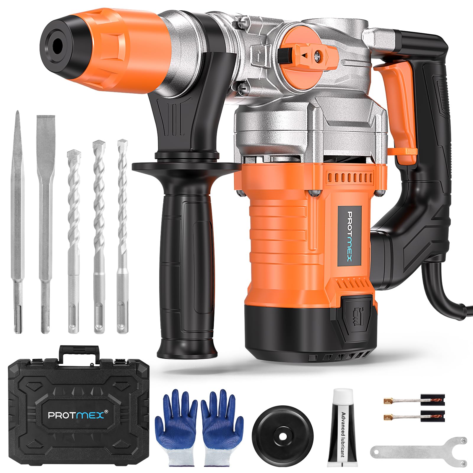 Photo 1 of 1-1/4 Inch SDS-Plus 13 Amp Heavy Duty Rotary Hammer Drill with Safety Clutch 3 Functions, Vibration Control, for Floor Tile Removal, Concrete Breaker, Including Grease, Chisels & Drill Bits