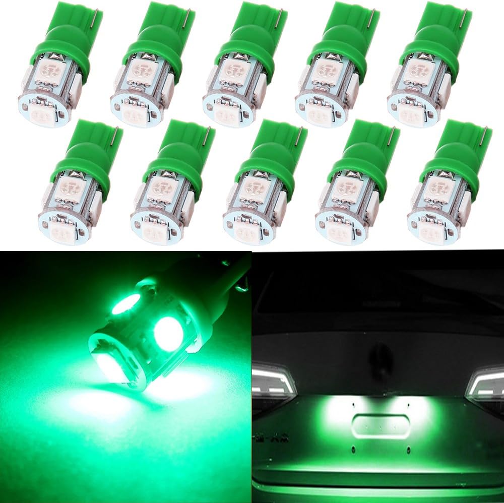 cciyu 194 Extremely Bright LED Bulbs T10 5-5050-SMD Light Lamp License Plate Light Lamp Wedge T10 168 2825 W5W Green Pack of 10