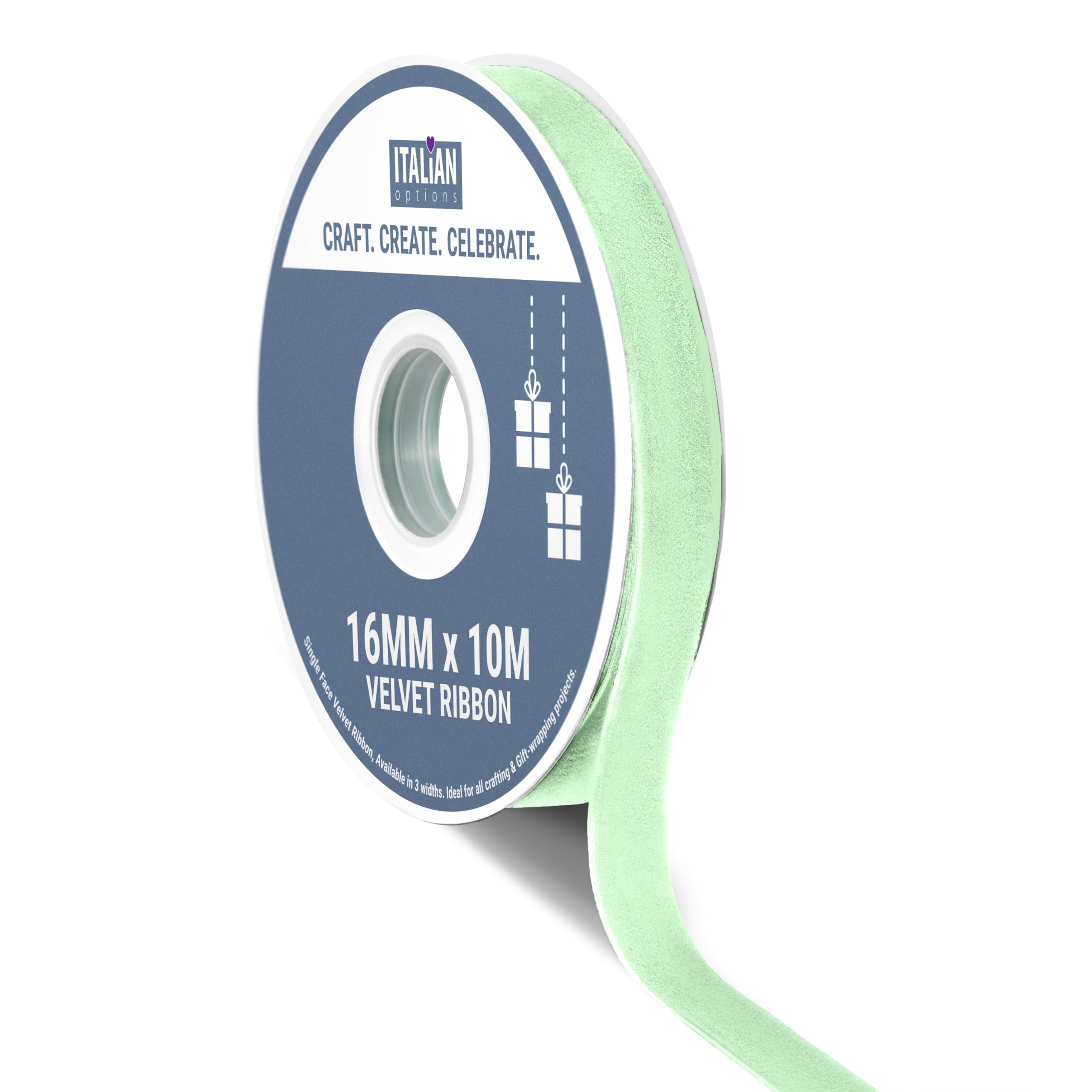 Italian Options Velvet Ribbon, Luxury, Single-Face Velvet Ribbon for Crafting, Christmas, Bows, Hair, Cakes, Weddings, Ornaments, Gift Wrapping, Flowers, 16mm x 10 Metre Roll, Sage Green