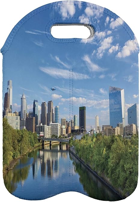 Amazon Com Lunarable Usa Wine Bottle Carrier Schuylkill River In Philadelphia Pennsylvania United States Foliage Bushes Greenery Portable Neoprene Bag For Champagne And Water Bottles 2 Bottles Tan Blue Green Bar Tools