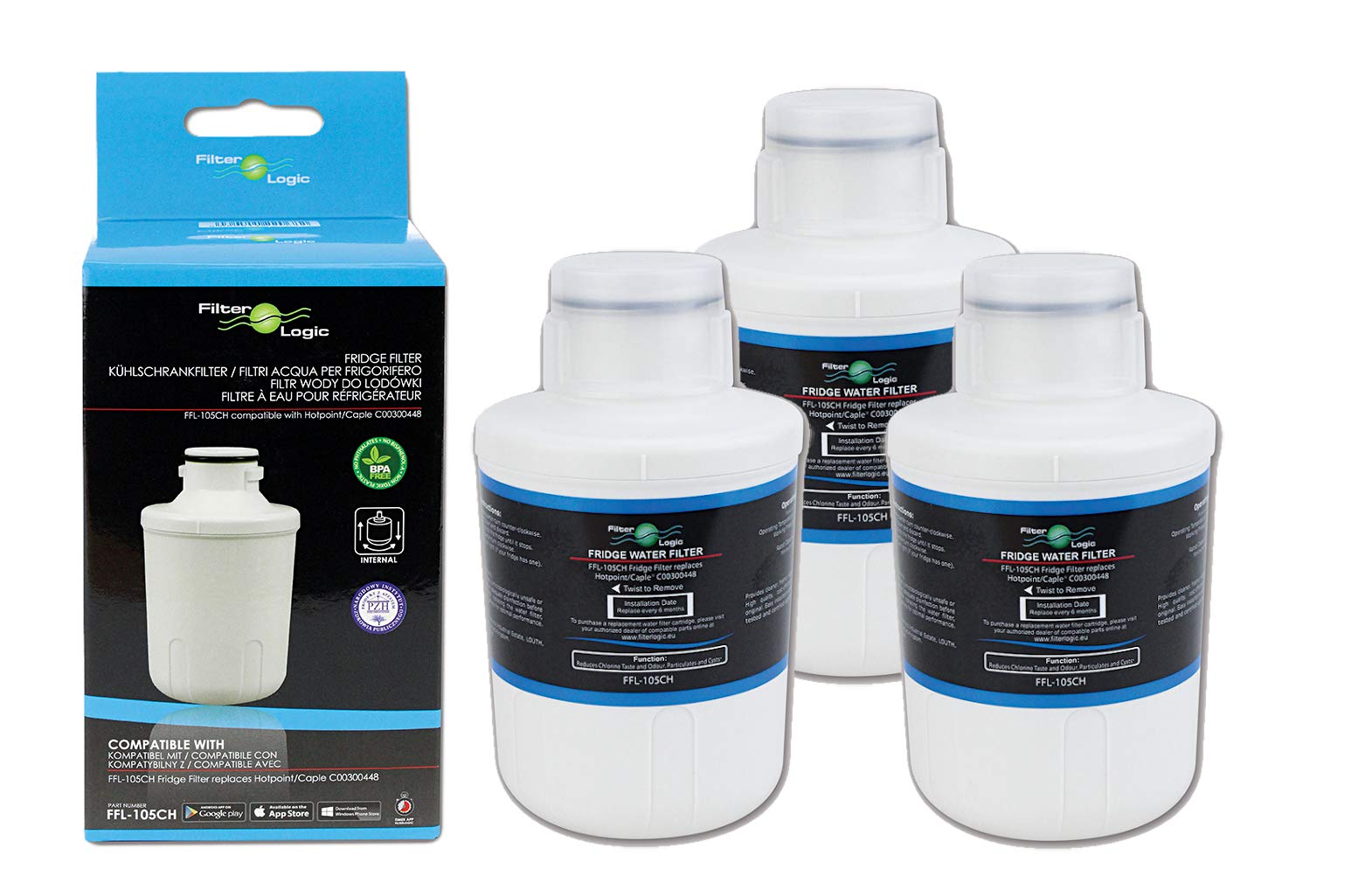 FilterLogic FFL-105CH Fridge Water Filter Compatible with CDA Fridge, Hotpoint C00300448, SXBD922FWD, Caple CAFF205, Thomson THSBS90WDWH, Microfilter MFCMG14211FR / MFCMG14211F Refrigerators (3 Pack)