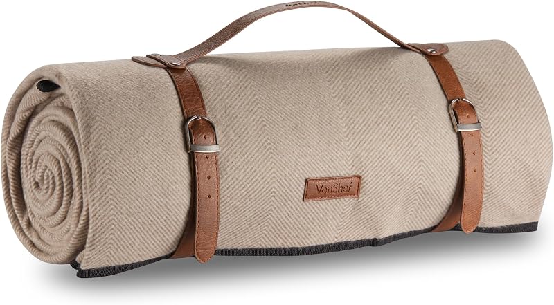 VonShef Picnic Blanket Beige Herringbone 200x300cm Waterproof Backing