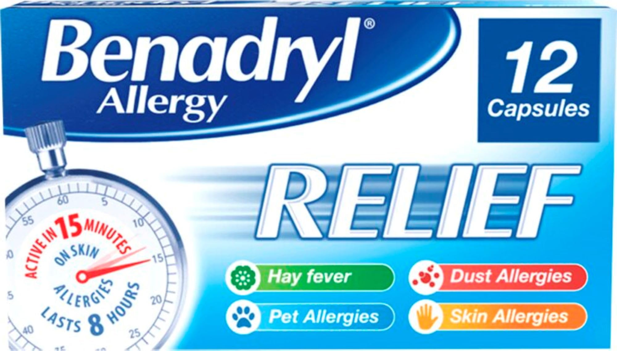 Benadryl Allergy Relief Capsules (1 x 12 Capsules), Antihistamine Tablets with Acrivastine, Allergy Relief from Hay Fever Symptoms, Suitable for Pet, Dust, and Skin Allergies