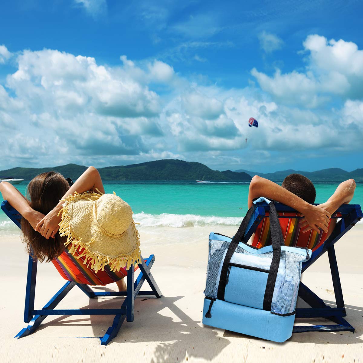 Tang Xiao Bang Beach Tote Mesh Beach Bags Insulated Picnic Cooler Pool Bag with Zipper Top for Women (Sky Blue)