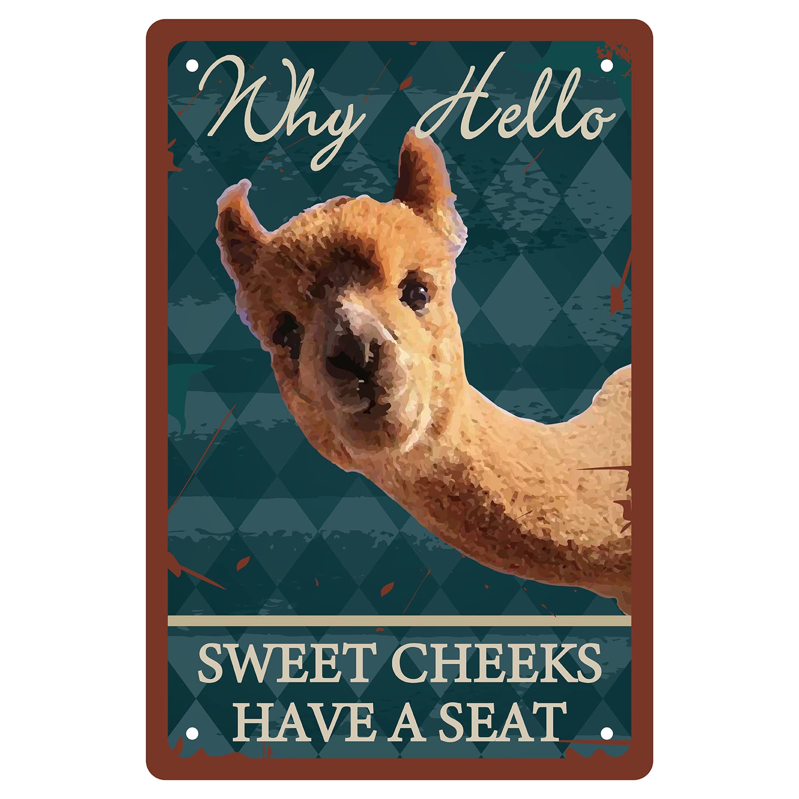 CREATCABIN Funny Bathroom Quote Metal Tin Sign Vintage Why Hello Sweet Cheeks Have A Seat Sign Alpaca Tin Sign for Home Bar Pub Cafe Bathroom Kitchen Living Room Poster Plaque Wall Decor, 8 x 12 Inch