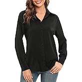 LUSMAY Women's Silky Satin Blouses Elegant Long Sleeve Button Down Collared Office Work Shirts Tops