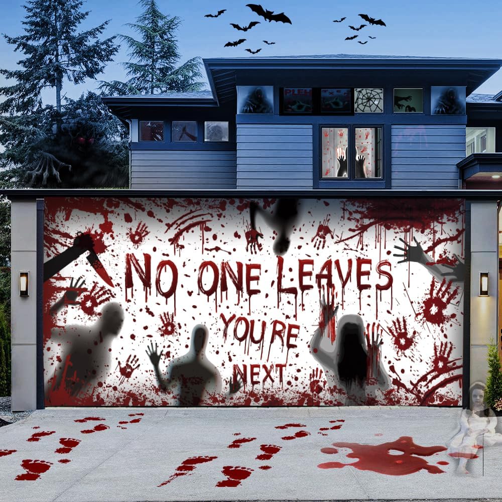 Garage Door Decorations - 7 x 16 ft Halloween Garage Door Cover Banner Ultra Large Halloween Banner Cover Murals Horror Bloody Party Pumpkin Handprints Ghost Haunted Halloween Garage Door Banner Decorations Indoor and Outdoor