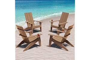 MXIMU Modern Adirondack Chairs Set of 4 Weather Resistant with Cup Holder Oversize Plastic Fire Pit Chairs Plastic Outdoor Chairs for Firepit Area Seating (Teak)…