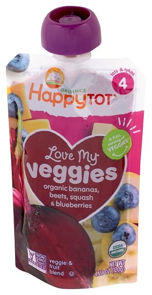 HAPPY TOT LOVE MY VEGGIES STAGE 4 ORGANIC TODDLER FOOD BANANA BEET SQUASH & BLUEBERRY, 4.22 OUNCE POUCH ORGANIC BABY FOOD/TODDLER FOOD POUCHES, FRUIT AND VEGGIE BLEND, FULL SERVING OF VEGETABLES