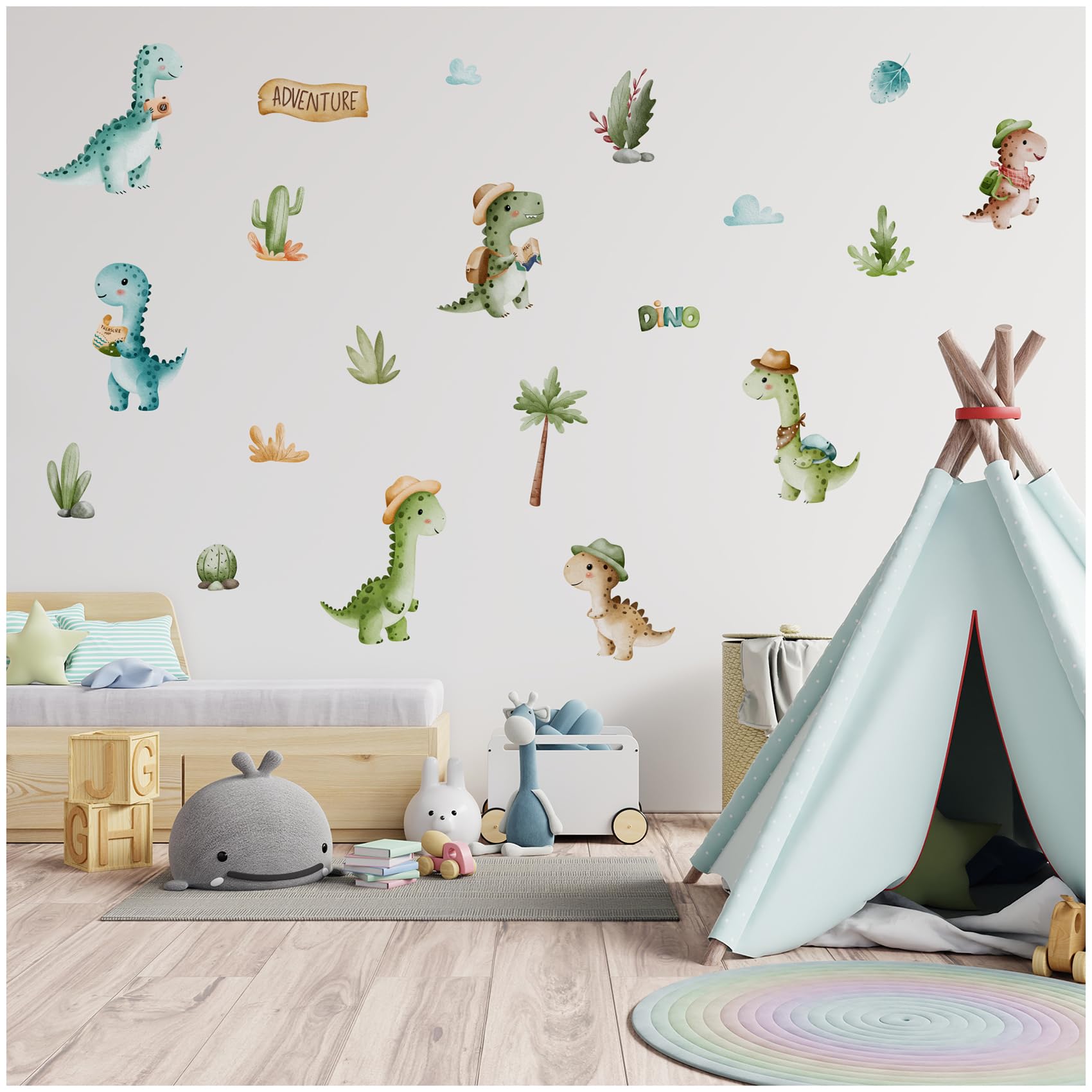 Personalised Wall Stickers Watercolor Animals with Name Wall Stickers for Children's Room Baby Room Playroom Girl Y037 (No Name, No 9 Dinos)