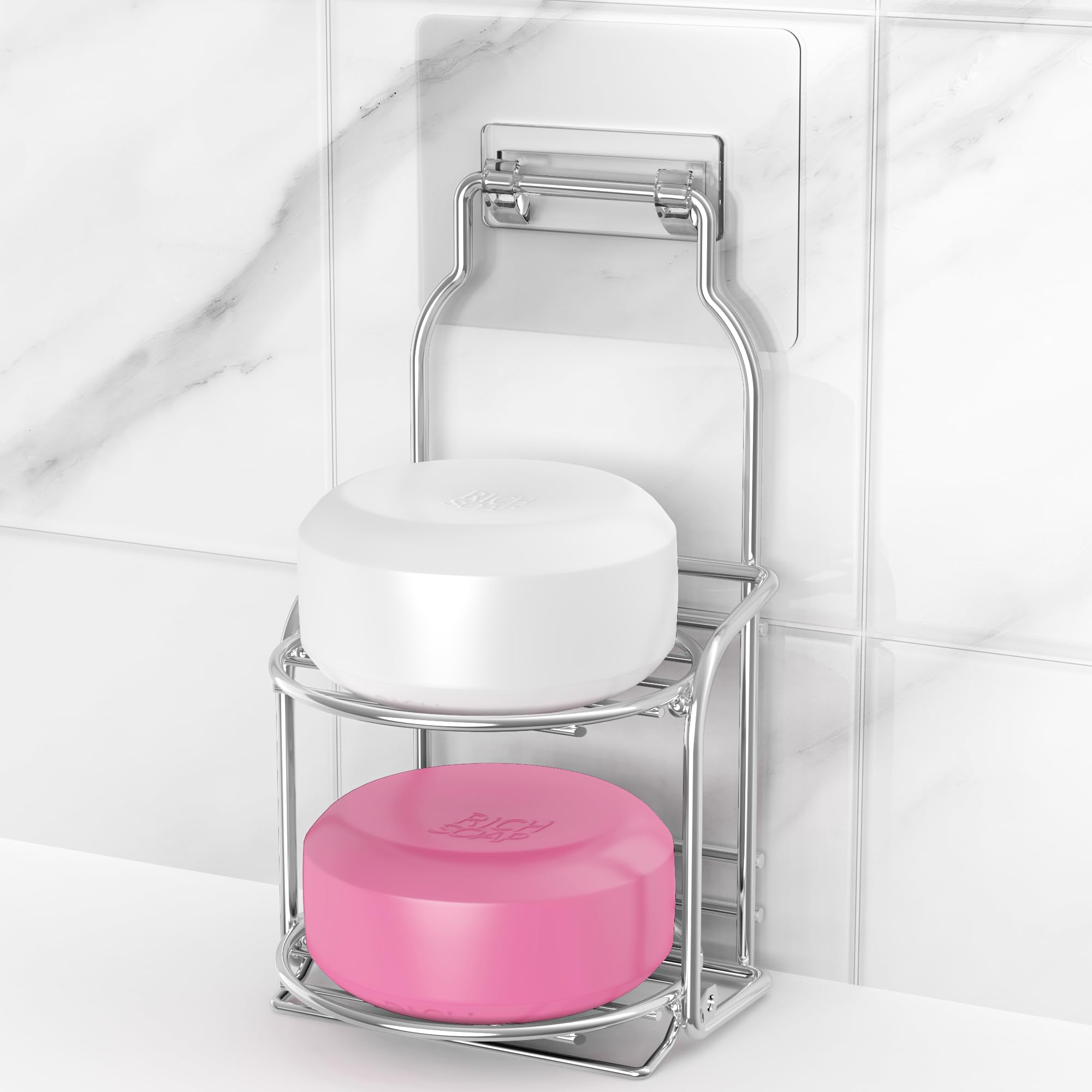 Photo 1 of 2-Tier Silver Shower Soap Shampoo Bar Holder, Self Adhesive & Freestanding Draining Soap Dish Caddy