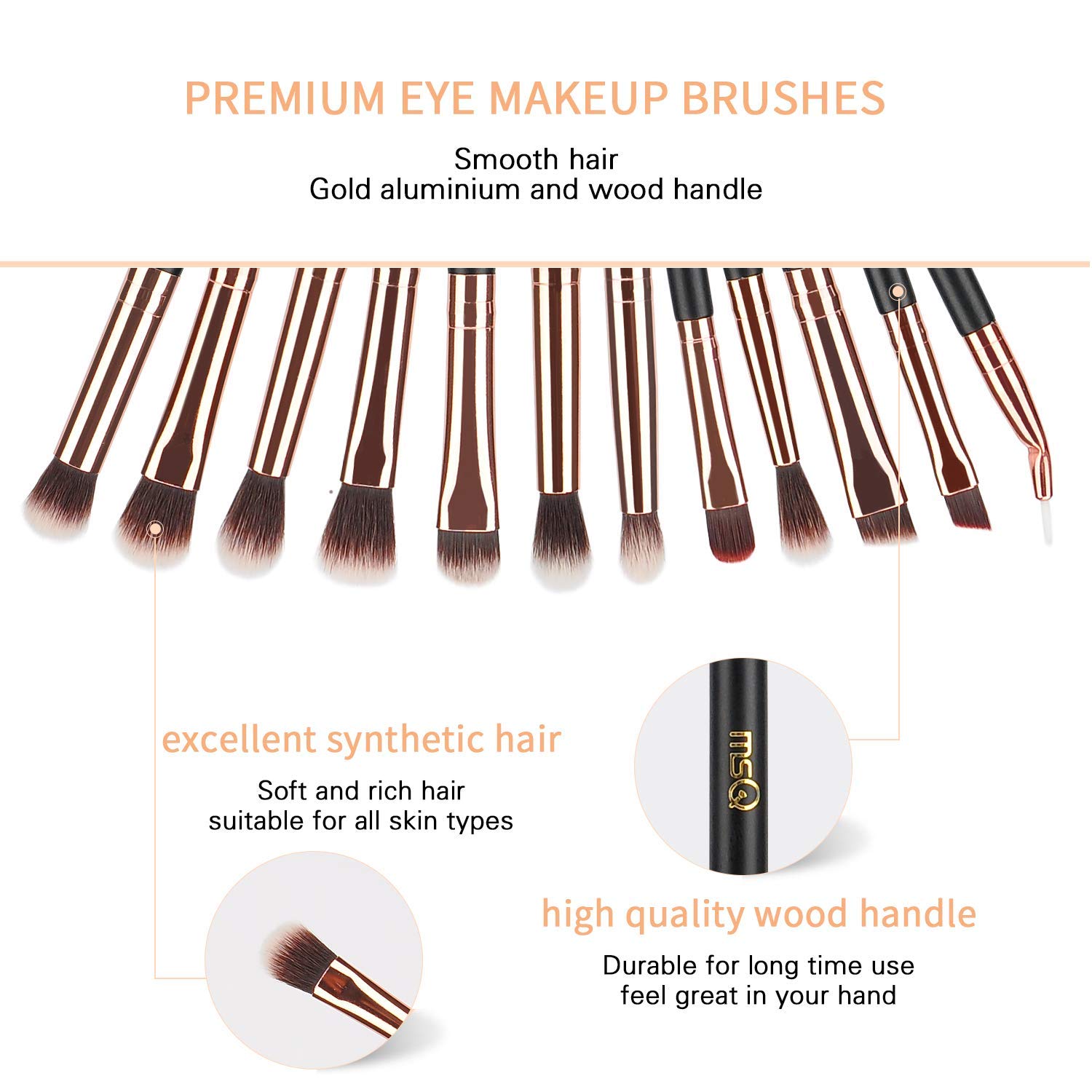 MSQ Eye Makeup Brushes 12pcs Rose Gold Eyeshadow Makeup Brushes Set with Soft Synthetic Hairs & Real Wood Handle for Eyeshadow, Eyebrow, Eyeliner, Blending - Rose Gold(without bag): Beauty