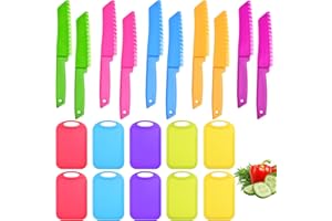 Aemygo - 20 Pieces Kids Knives Set with Cutting Board, Child Safe Plastic Knives for Real Kitchen, Serrated Edges, Toddler Kn