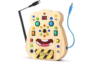 BICRET Busy Board for Toddlers with LED Light Montessori Toy Light Switch Toy for Toddlers Wooden Activity Board Travel & Sensory Toy