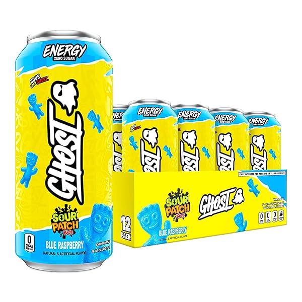 GHOST ENERGY DRINK – 12-PACK, SOUR PATCH KIDS BLUE RASPBERRY, 16OZ – ENERGY & FOCUS & NO ARTIFICIAL COLORS – 200MG NATURAL CAFFEINE, L-CARNITINE & TAURINE – GLUTEN-FREE & VEGAN