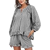 PHEMEA Women's 2 Piece Gingham Pajama Set, Plaid Long Sleeve Top and Ruffle Shorts Lounge Pjs Sleepwear
