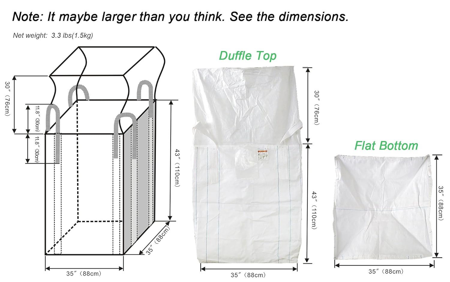 Secbolt FIBC Bulk Bag, 1 One Ton Bag, 35"L x 35"W x 43"H, 2200lbs SWL, Duffle Top Flat Bottom, Woven Polypropylene Bags: Industrial & Scientific