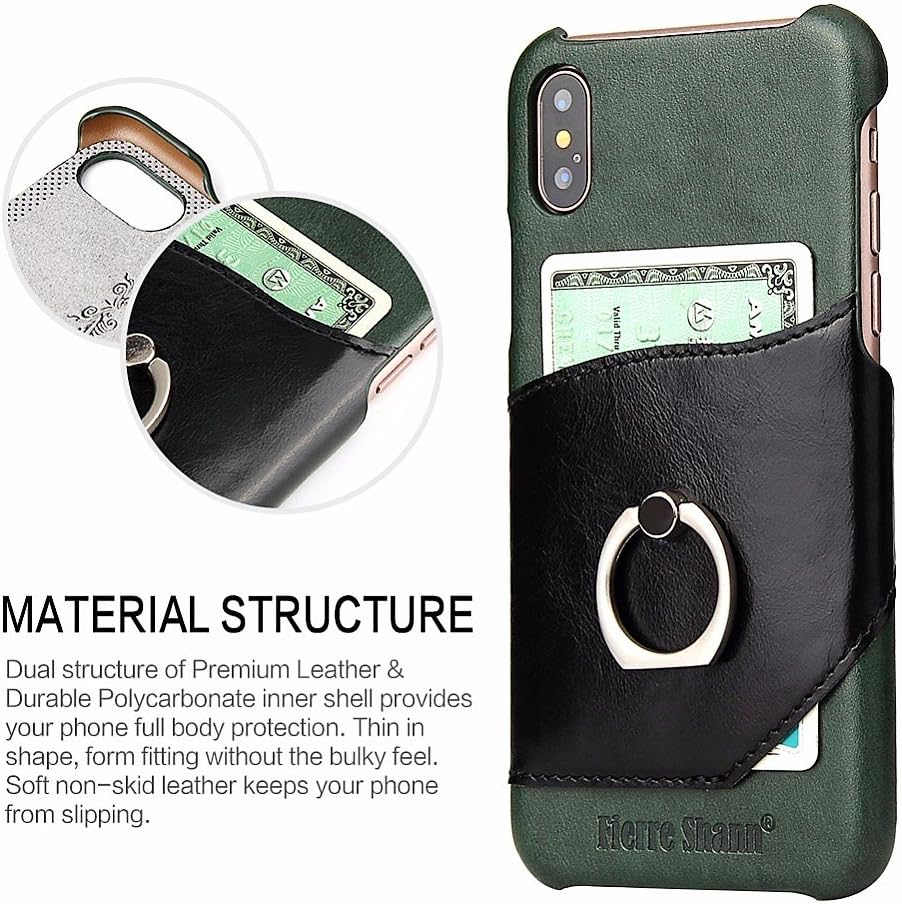 IPhone X Case Genuine Leather with Crafts Design , Ring holder 360 degrees adjustable ring rotating shockproof protective and card holder for Apple IPhone X - 2018 release , 5.8 inch , ( Green ) .