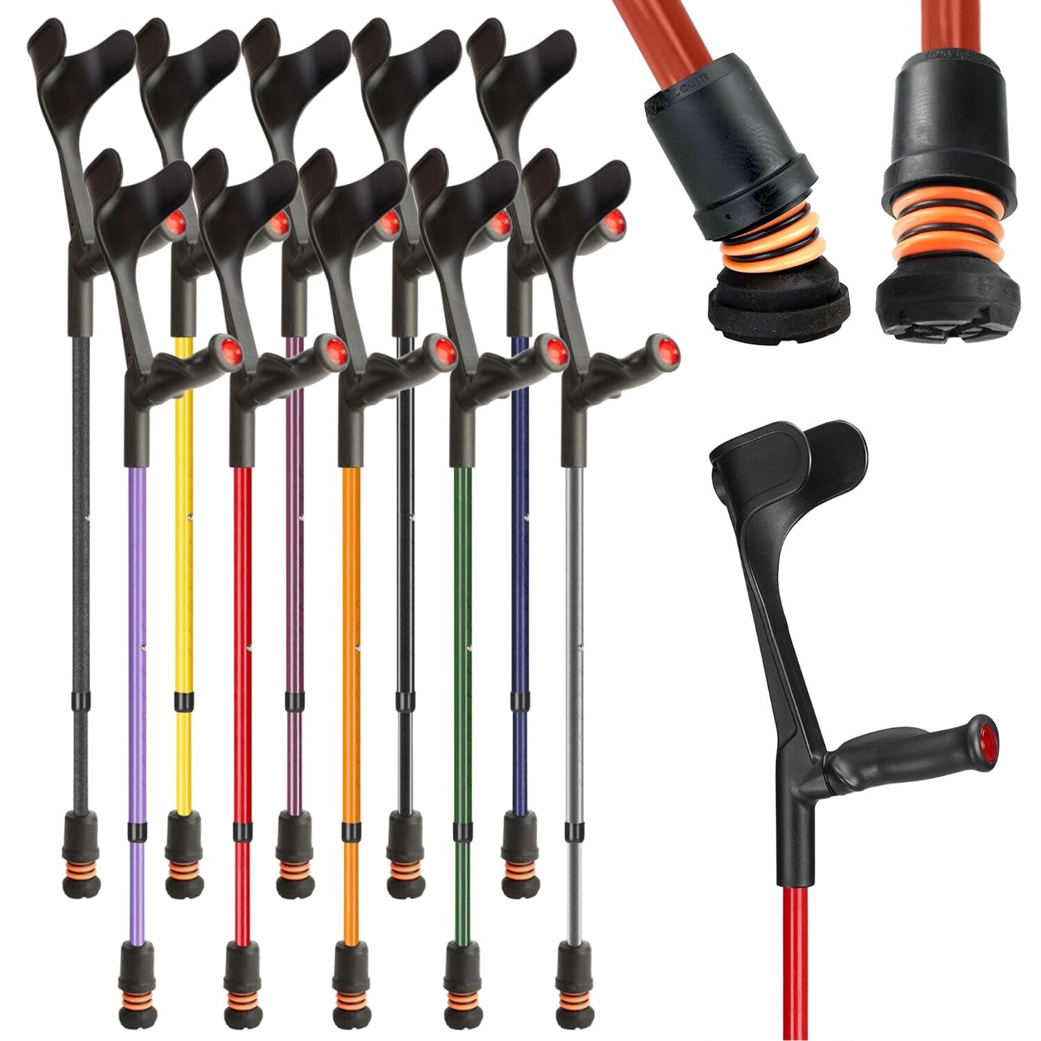 Flexyfoot Shock Absorbing Comfy Grip Adjustable Crutch – Improves Safety, Improves Comfort, Reduces Shocks & Jarring – Red – Right Handed