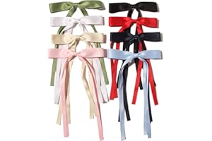 LFOUVRE 8pcs Long Tail Bow Hair Clips for Women - Ribbon Bowknot Barrettes with Tassel Claw for Hair Accessories