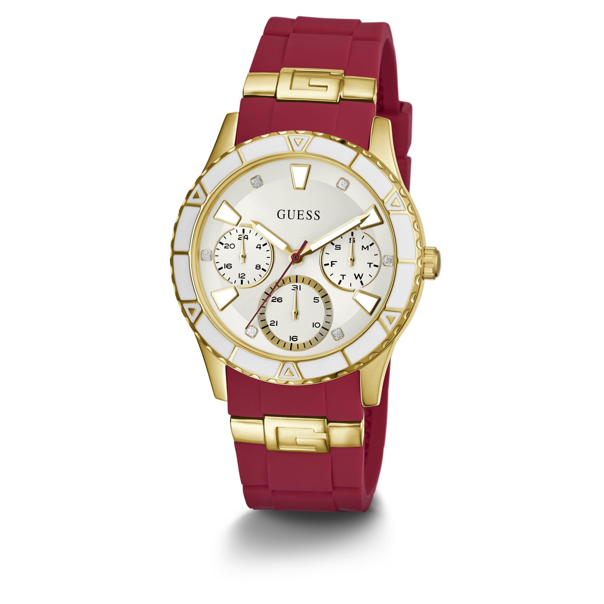 GUESS Women's Gold-Tone + Iconic Red Stain Resistant Silicone Watch