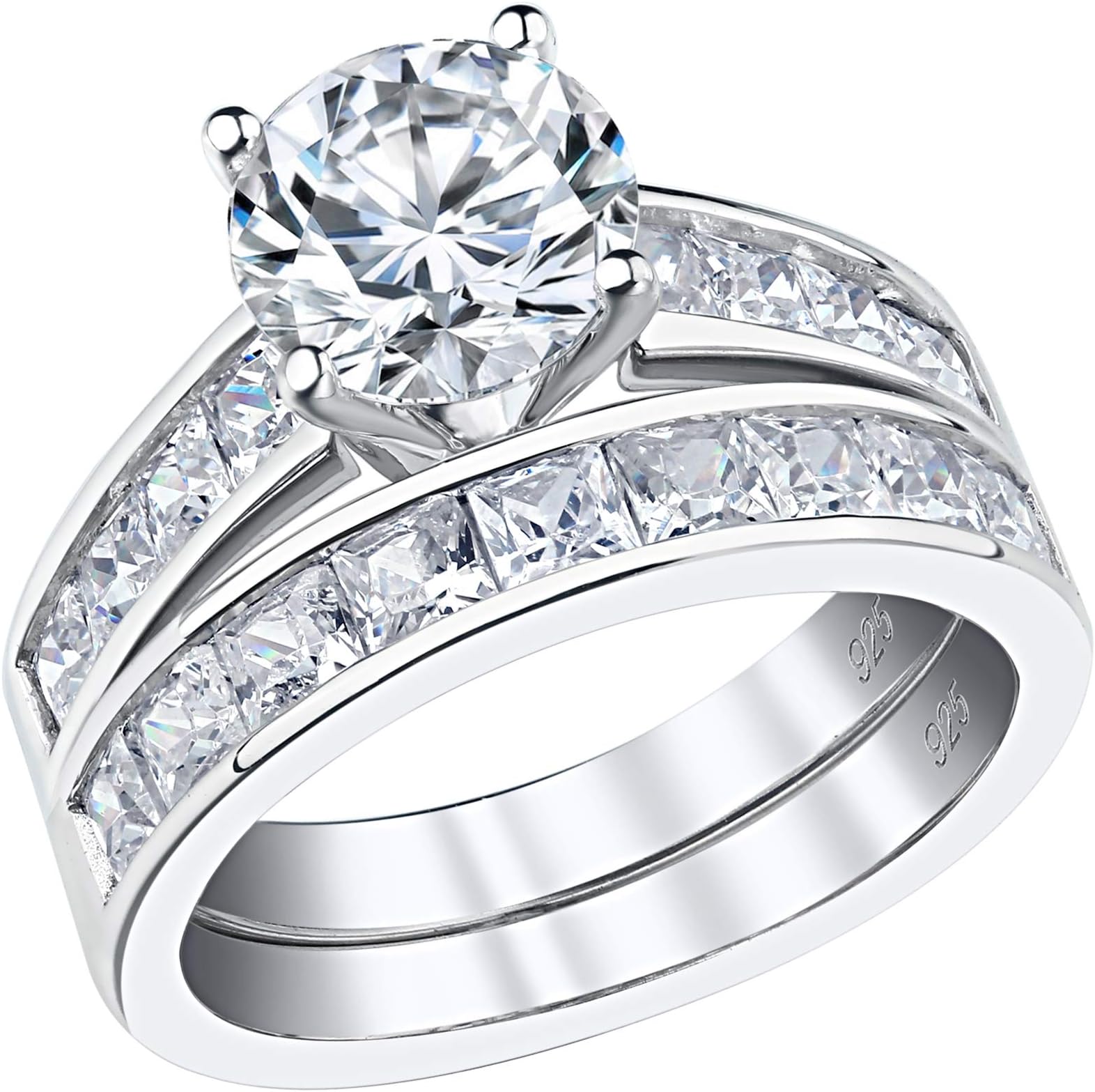 SHELOVES JEWELRY Wedding Rings for Women - Sterling Silver Bridal Set Engagement Bands Round Princess Cut Cz